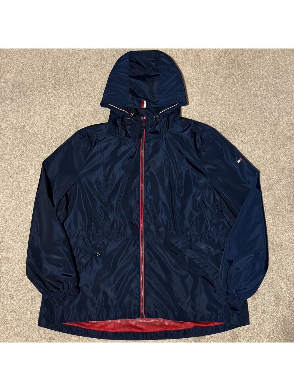 Tommy Hilfiger Womens Sz 2XL Windbreaker Jacket Zip Lightweight Hooded Navy Blue